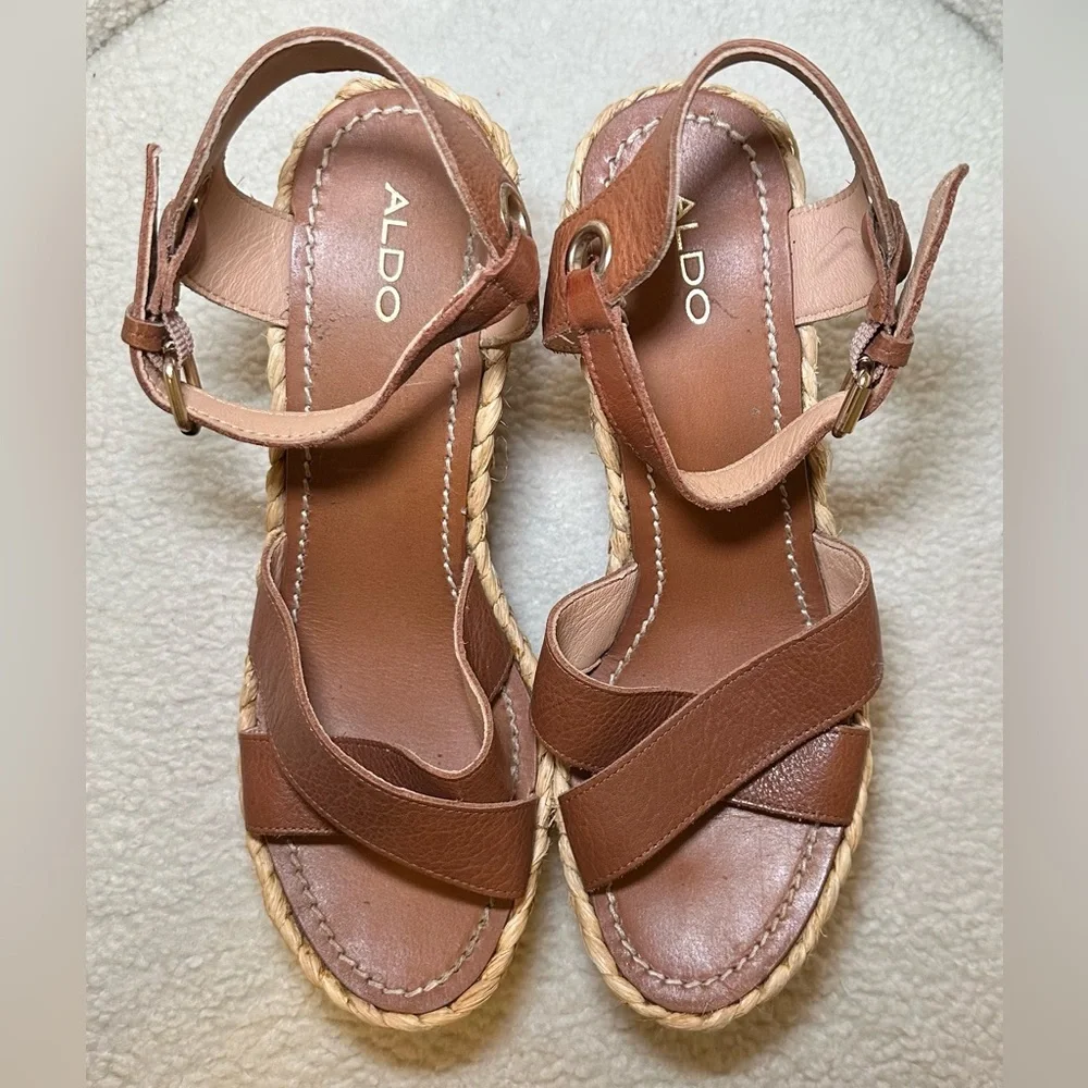 ALDO espadrilles platform shoes heels tan brown leather ankle‎ straps summer 8.5